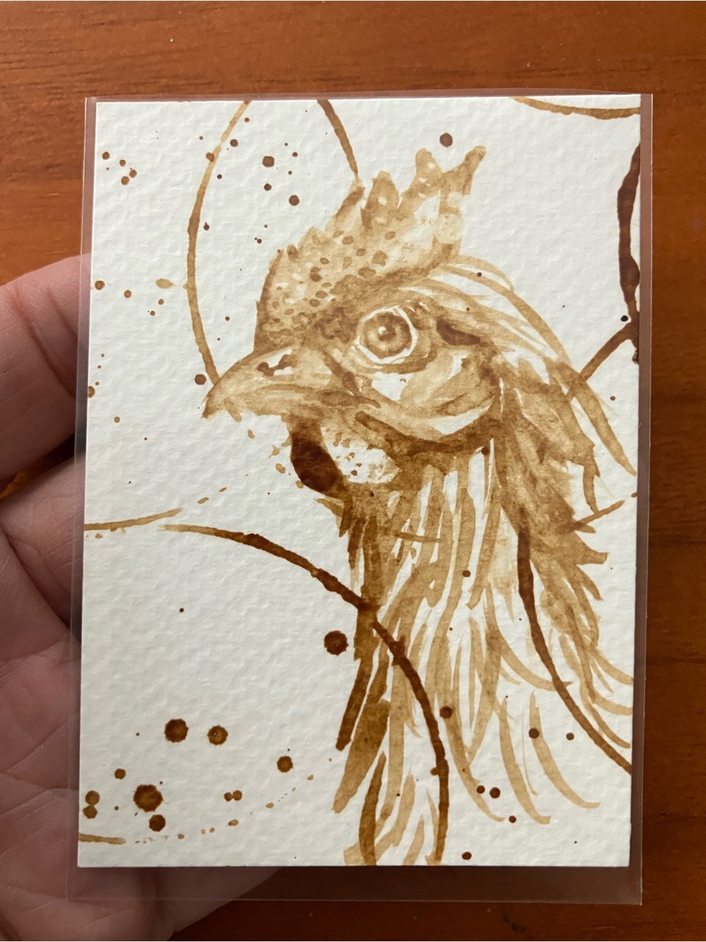 Aceo original coffee chicken painting atc farm gift art collectible Artettina